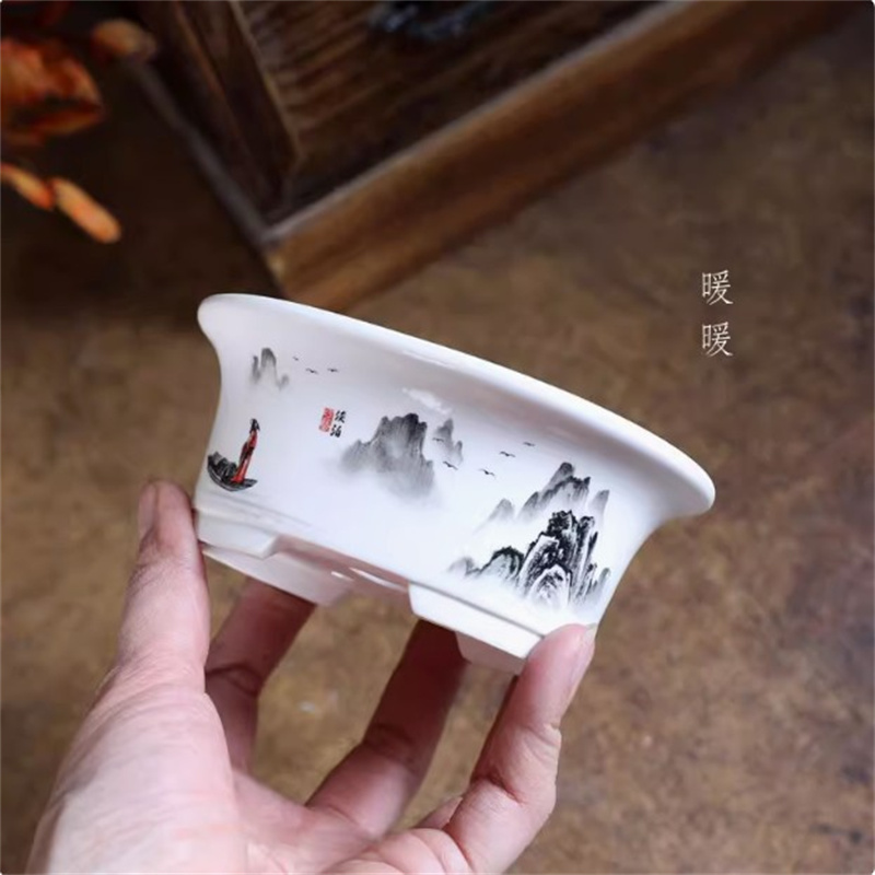Desk Setup Plants - Porcelain White Oval Bonsai Pot,Mini Pot,Round,Small