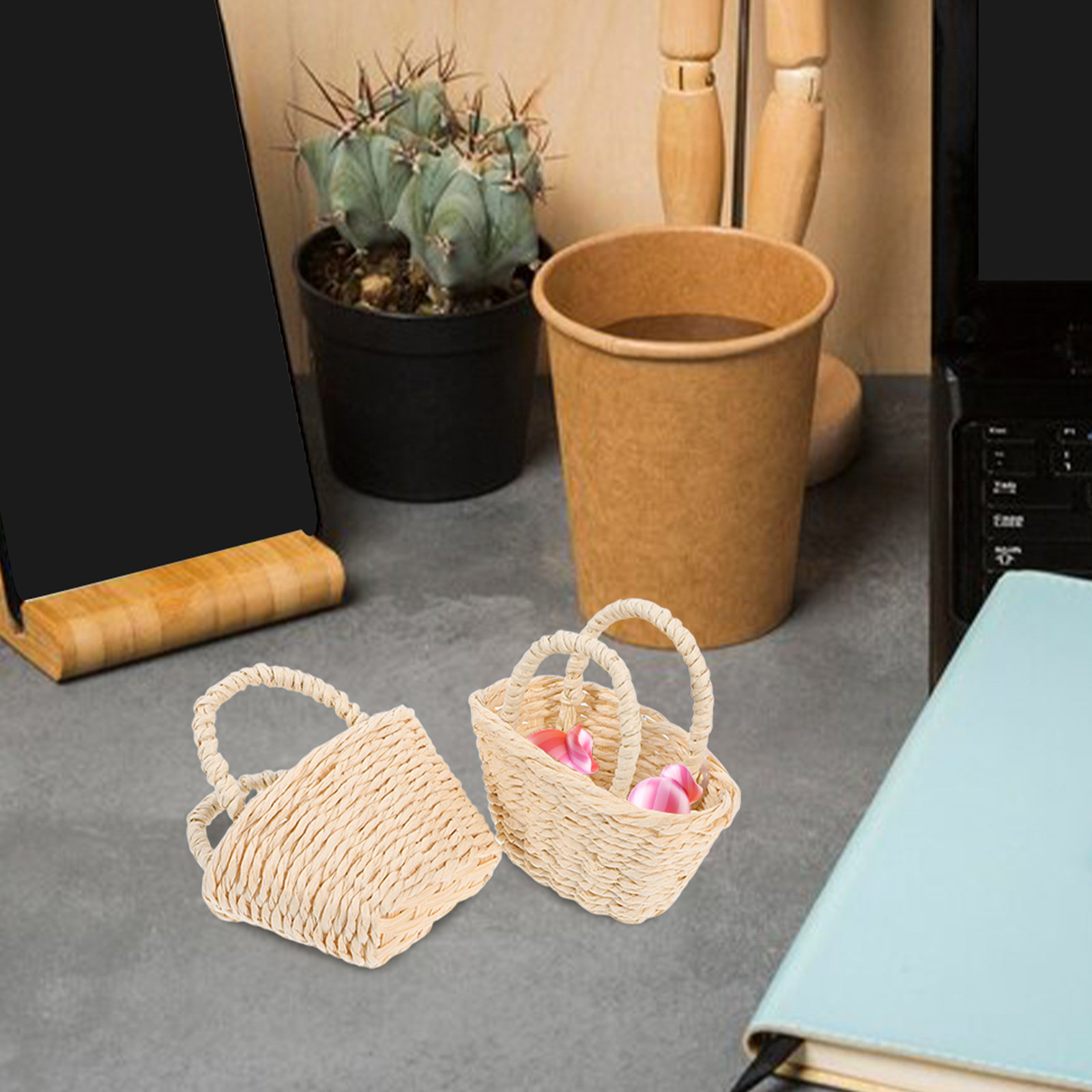 2Pcs Mini Raffia Handle Basket - огляд і ціна Desk Setup Small Space
